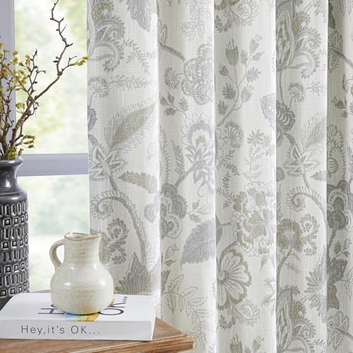 "Kayne Studio Botanical Print Blackout Curtains Linen Grey Floral Leaf Farmhouse Drapes Energy Efficient Light Blocking Window Treatments for Living Room Bedroom Pinch Pleated Back Tab,40""x84"",2 Panels"