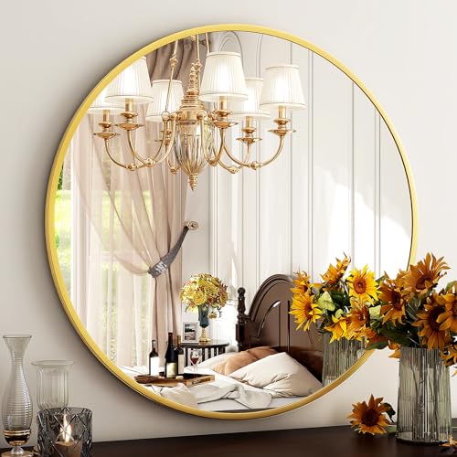 "HARRITPURE 24"" Round Mirror Bathroom Mirror Wall Mounted Vanity Mirror with Brushed Metal Frame Modern Home Decoration for Bathroom, Living Room, Vanity, Bedroom, Entryway,Gold"