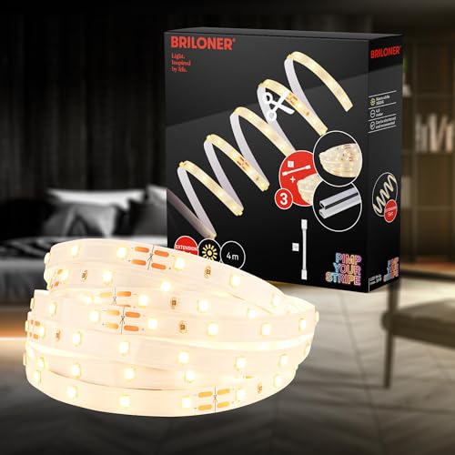 BRILONER LED Strip Extension Set 4 m LED Strip Warm White with Connectors, On/Off, Can be Shortened, Self-Adhesive, Strips, Light Strip, Room Decoration, Gaming Decoration, Light Strip, White