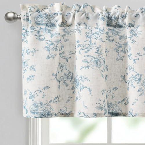 JIUZHEN Thick Textured Linen Floral Valance for Kitchen/Living Room/Bedroom???Rod Pocket French Farmhouse Light-Filtering Valance Curtain???Blue Rose???52 x 14 Inches,1 Panel