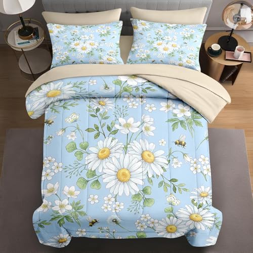 WeCozy 5 Pcs Twin Size Comforter Set with Pillowcase & Sham, Wildflower Daisy Flower Bedding Set for Kids and Adults, Botanical Floral Daisies Bed in a Bag with Flat Sheet and Fitted Sheet