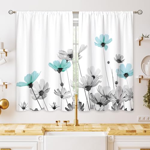 oolygoo Farmhouse Teal Grey Floral Kitchen Curtains Rustic Flower Window Treatment Wildflower Small Cafe Short Window Curtains for Bathroom Dining Room Farmhouse Leaf Treatment Drapes 26x36 inch