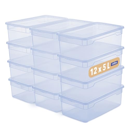 Rotho Clear Shoe Storage Box Set 12 x 5 L Storage Boxes with Lids Blue - Stackable Storage Boxes, 12 Shoe Boxes of 5 L, Transparent Blue, Securely Closing Lids, Space-Saving, Easy-Care Design