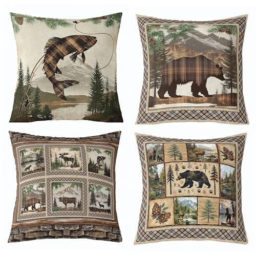 "Feelyou Bear Throw Pillow Covers 16""x16"" Set of 4 Soft Fish Cushion Case Rustic Cabin Deer Decor Pillowcase Farmhouse Animals Indoor Outdoor"