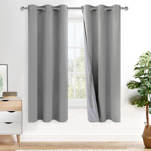 XWZO 100% Blackout Curtain Panels - Thermal Insulated Black Liner Curtains, Noise Reducing and Heat Blocking Drapes for Hall and Studio Windows with Tiebacks, Silver Grey, W38 x L72, Set of 2