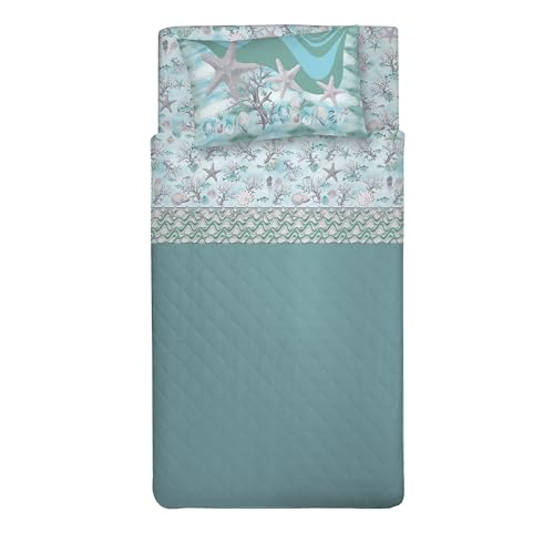 PENSIERI DELICATI 100% Cotton Double Bed Set, 120 x 200 cm, Includes Bottom Sheet, Top and 1 Pillowcase, Made in Italy, Green Navy Pattern