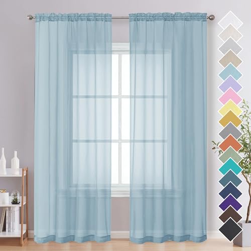 "OVZME Sky Blue Sheer Curtains 84 inches Long, Soft Light Filtering Window Panels for Living Room/Bedroom, Top Double Rod Pocket, 1 Pair, 42"" x 84"", 2 Panels"