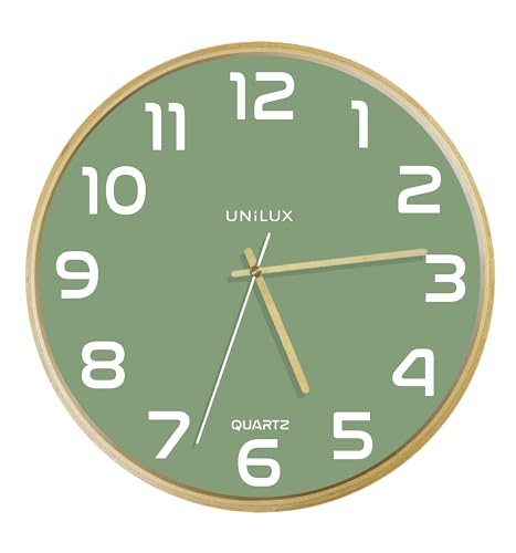 Unilux Modern Wooden Frame Wall Clock Baltic Green Dial 31 cm No Ticking