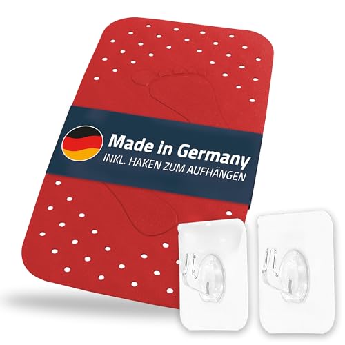 Step Bath Mat Approx. 38 x 72 cm, Red, 100% TPE - Includes 2 Hooks - Free from PVC, Phthalates, Lead, Latex - TÜV Tested - Made in Germany