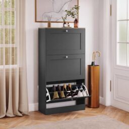 Vida Designs Altino 3 Drawer Shoe Cabinet - Charcoal Grey & Oak - Space-Saving Storage for 15+ Pairs - 117H x 58W x 23.5D cm - Anti-Tip - Modern Hallway Unit