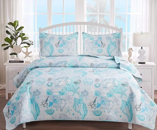 Beach Quilt Set Full/Queen Size Coastal Bedding Lightweight Reversible Quilts Nautical Bedspreads Beach Theme Coverlet Set Conch Coral Shell Printed Comforter Set with 2 Pillow Shams