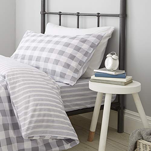 Catherine Lansfield Check and Stripe Grey Duvet Cover Set 135 x 200 cm + 80 x 80 cm (Pair)