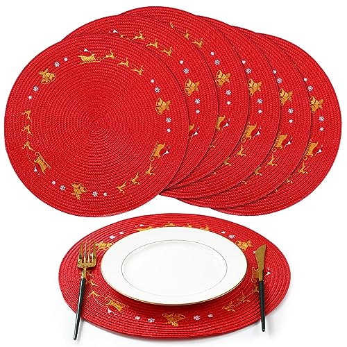 Tioncy 6 Pcs Round Christmas Placemats Snowflake Red Placemats 13.4 Inch PP Winter Round Placemat Christmas Table Mat Washable Place Mats for Holiday Kitchen Dining Table Decorations (Reindeer)