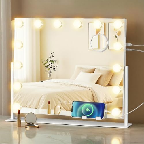 SONGMICS Vanity Makeup Mirror with Lights, Charging Ports, 14 Dimmable LED Bulbs, 3 Colour Temperatures, Detachable 10x Magnifying Mirror, Phone Holder, 50 x 42 cm, Matte White LWM007WC03