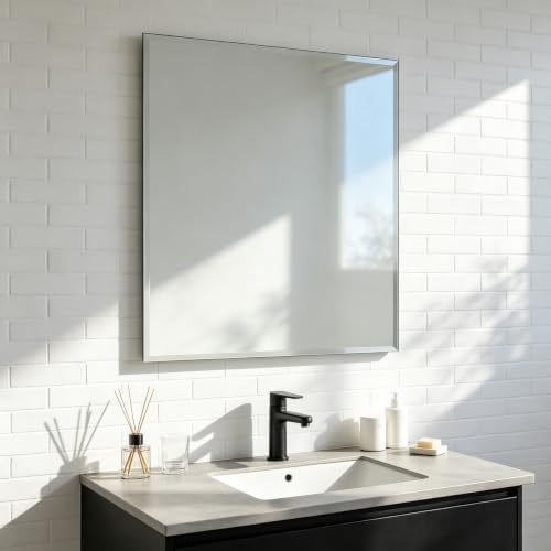 Ruomeng Frameless Mirror for Wall, 30x30 Inch Bathroom Vanity Mirror Farmhouse, Rectangle Mirror with Beveled Edge, Tempered Glass, Hangs Horizontally or Vertically