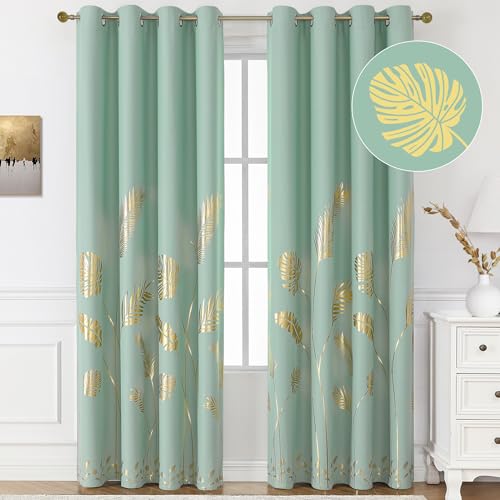 BUHUA Blackout Curtains 84 Inches Length Gold Palm Pattern Designed Window Drapes Room Darkening Noise Reducing Thermal Insulated Curtains, 52W x 84L, Aqua, Set of 2 Panels