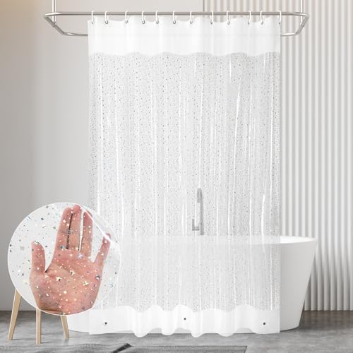 HADEEONG PEVA Shower Curtain, 72 x 72 Water Repellent Premium Bathroom Shower Curtain with 3 Magnetic Weights for Shower Stall, Bathtubs (Star)