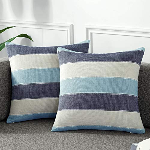 AmHoo Pack of 2 Farmhouse Stripe Check Throw Pillow Covers Set Case Cotton Linen Decorative Pillowcases Cushion Cover for Couch Bench Sofa 18x18Inch Blue Beige