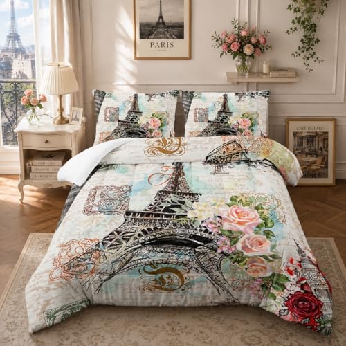 Nttopship Romantic Eiffel Tower Comforter Set King Size for Adults 3Pcs,Retro Style Eiffel and Flowers Bedding Set Soft Comfoter for All Season