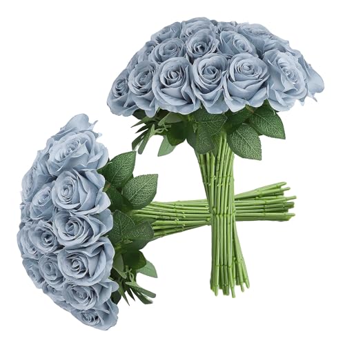 JUSMAI 30pcs Roses Artificial Flowers Dusty Blue Silk Roses with Long Stems Fake Flowers for Wedding Bouquet Centerpices Decorations Party Bridal Baby Shower Home Decor