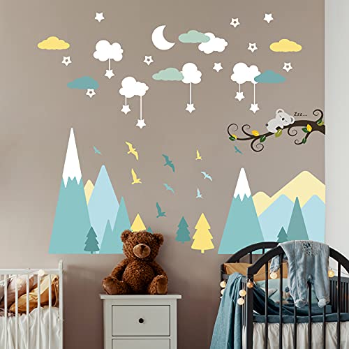 WALPLUS 107 Pieces Sleepy Mountains Wall Stickers Mural Art Vinyl Nursery Decorations for Living Room Kids Bedroom Decors Home Removable DIY Wall Decals Hotels Cafe Office Decors