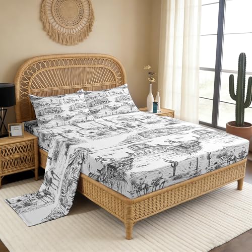 Southwest Cowboy Sheet Set Full Size Western Desert Bedding Set 4Pcs Black White Farmhouse Bed Sheet for Boys Men Girls Adult Room Decor Wild Horse Cactus Fitted + Flat Sheet,2 Pillowcase