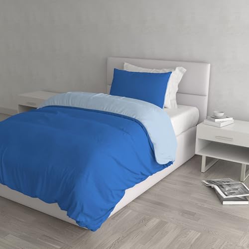 Italian Bed Linen Natural Color Duvet Cover Set with Doubleface Solid Colour Bag Sheet and Pillowcase, 100% Cotton, Royal/Light Blue, Small Double