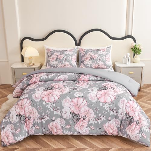 Koniroom 3 Pieces Pink and Grey Comforter Set King Size, Floral Bedding Sets King with Pink Cute Flowers Pattern Printing, Reversible All Season Comforter with 2 Pillow Shams