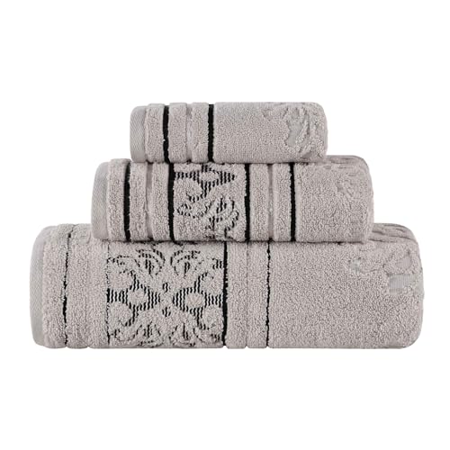 Superior Cotton 3 Piece Towel Set, Includes 1 Bath, 1 Hand, 1 Washcloth/Face Towel, Quick Dry, Home Essentials, Shower, Spa, Luxury Plush Soft Absorbent Towels, Zero Twist, Jacquard Floral, Platinum