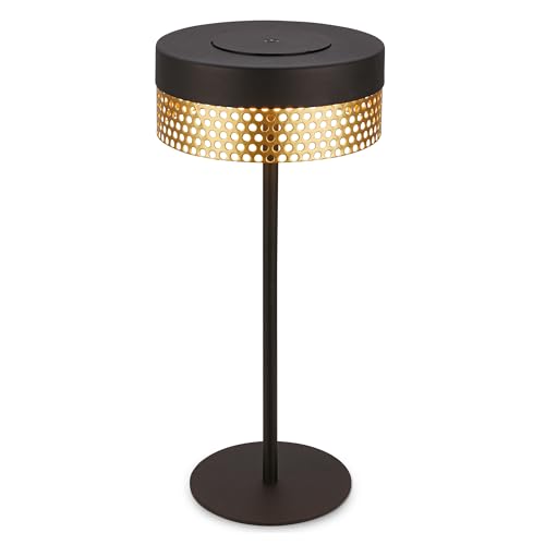 BRILONER - Rechargeable LED Table Lamp IP44 with Touch, Dimmable, Replaceable Battery, LED Light, Battery Table Lamp, Bedside Lamp, Cordless, Outdoor, 16X35 cm, Black-Gold