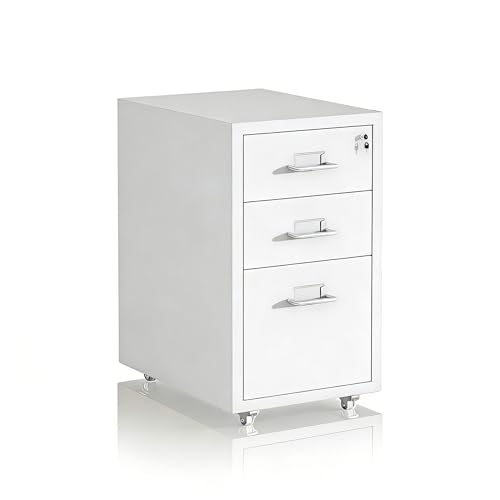 Relaxdays Rolling Filing Cabinet with 3 Drawers, Lockable Metal, White, 45.5 x 28 x 41 cm