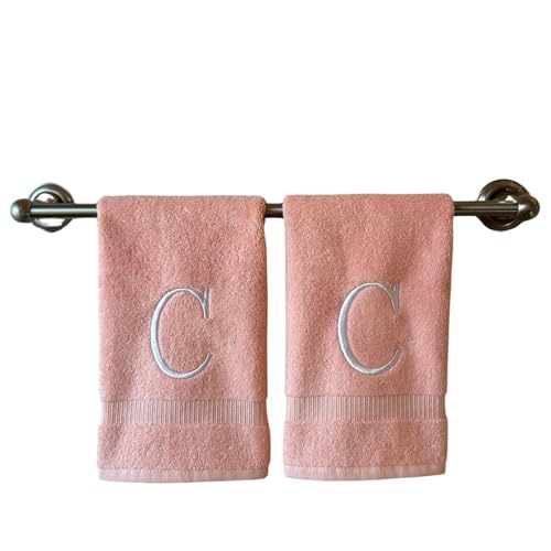 Pink with White Monogrammed Hand Towels for Bathroom - Set of 2 Letter C - Luxury Hotel Quality Initial Towels For Powder Room, Spa, GOTS Organic Certified