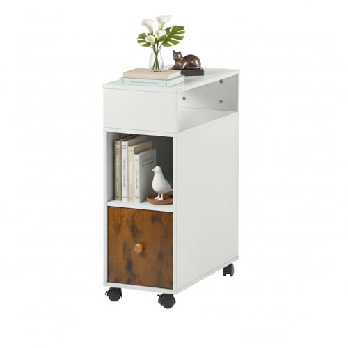 FurnitureR Narrow Bedside Table with Open Shelf and 1 Drawer, Side Table, Small Side Table with 4 Wheels, for Bedroom, Living Room, Study, 50 x 25 x 68 cm, White, 1 Piece