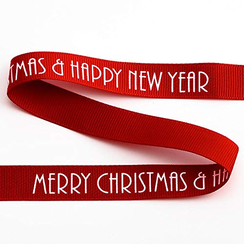 Italian Options Red Merry Christmas Happy New Year Grosgrain Ribbon, Christmas Ribbon for Crafts, Gift Wrapping, Wreaths, Tree Decorations, Hair Bows, Red, 16 mm x 5 Metre Roll