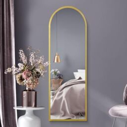 MirrorOutlet Full Length Gold Large Tall Arched Metal Modern Wall Mirror: 160 x 53cm - Suitable for Bedroom, Living Room, Dressing Room, and Living spaces.