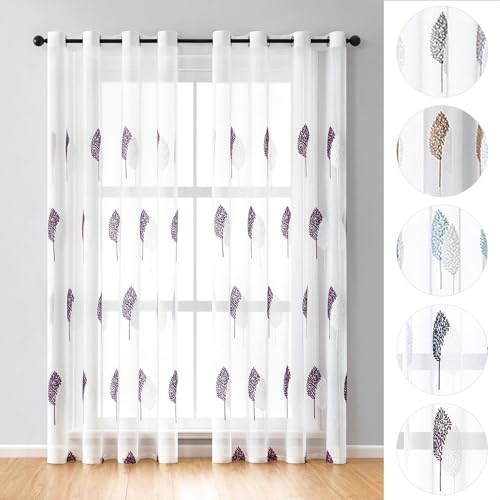 BYSURE Set of 2 curtains, leaves embroidery with eyelets, voile, floral curtains, 132 x 245 cm, purple