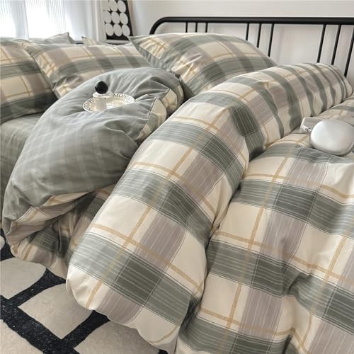 EAVD Green Gingham Comforter Set King 3 Pieces Grid Plaid Comforter Set Modern Simple Grid Checkered Bedding Set with 2 Pillowcases Reversible Gingham Bedding Set for Boys Women Men
