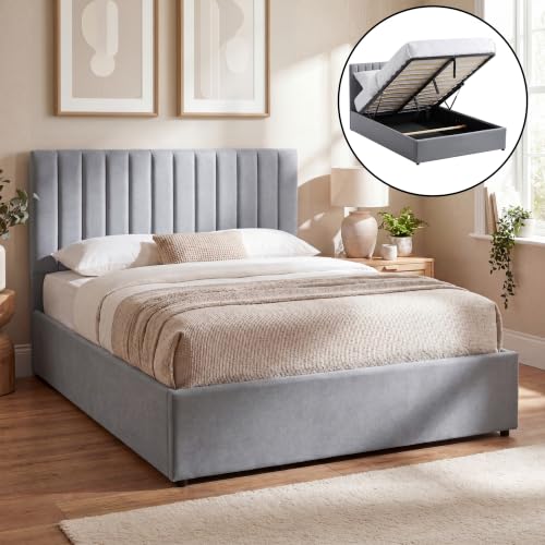 Vida Designs Vellaro Double Ottoman Fabric Bed Frame - Light Grey Linen - 103H x 146W x 200.5D cm (4ft6) - Hydraulic Gas-Lift - Lift Up Storage - Slatted Base - Minimalist Furniture
