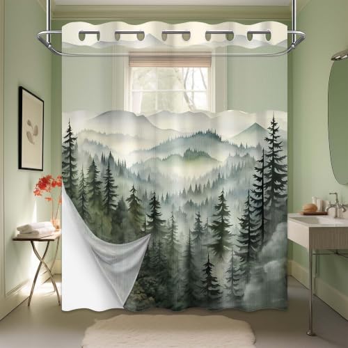 "Foggy Mountain Hookless Shower Curtain with Snap in Liner, Nature Woodland Forest No Hook Double Layer Shower Curtain and Liner Set, Ringless with Window Waterproof Cloth Fabric, 71"" W x 80"" L"