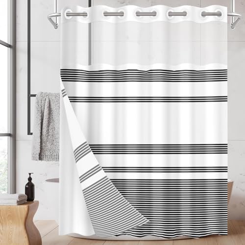Nesphy No Hook Shower Curtain with Snap in Fabric Liner Set, Black and White Striped Double Layers Waterproof Fabric with See Through Top Window Open Grommet Bath Curtain 71x74 Inch