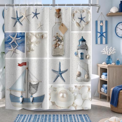 Final Friday Sandbeach Starfish Fabric Shower Curtain with Hooks (Waterproof, Mildew Resistant, Washable, Odorless) - 71 x 71 inches, Blue