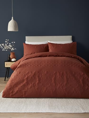 Serene Terracotta Pinsonic Duvet Cover - Double Size (200 x 200cm) - Terracotta Embossed Luxury Bed Set - Traditional Embroidery Bedding - Avery Stripe Collection