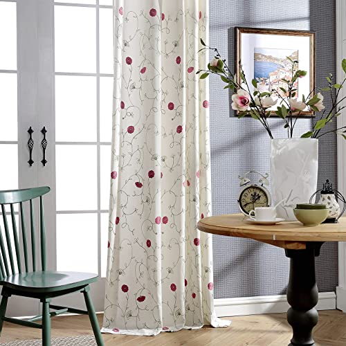 VOGOL Pink Floral Embroidered Curtains 96 Inches Long, Grommets Window Curtain for Living Room 52x96 Inch, 2 Panels