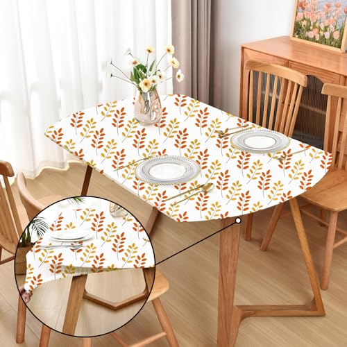 Amonsa Fall Oval Fitted Fabric Tablecloth with Elastic Edge: Spandex Stretchy Table Cover for Outdoor Dining Party Banquet Washable No Slip Orange and Gold Leaf 48x72 Inch