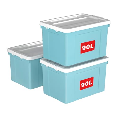 Cetomo 90L*3 Storage Boxes, Plastic Storage Box with Lids, Organizing Container with Secure Latching Buckles, Stackable, Nestable, Tote Bin for Home Office Clothes, 90L-3Pack, Blue