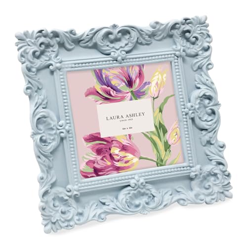 Laura Ashley 4x4 Ornate Textured Hand-Crafted Resin Picture Frame with Easel & Hook for Tabletop & Wall Display, Decorative Floral Design Home Décor, Photo Gallery, Art, More (4x4 Powder Blue)