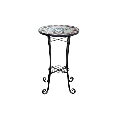 Mosaic Garden Table Outdoor Plant Stand 35cm with Shelf - Metal Ceramic Tile Top - Casablanca Round Small Accent Side Table for Balcony, Terrace, Porch, Garden, Patio, Plant Display and Home DΓ©cor