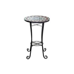 Mosaic Garden Table Outdoor Plant Stand 35cm with Shelf - Metal Ceramic Tile Top - Casablanca Round Small Accent Side Table for Balcony, Terrace, Porch, Garden, Patio, Plant Display and Home Décor