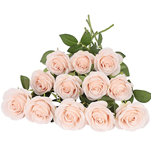 JUSMAI 12pcs Roses Artificial Flowers Pink Fake Roses Flowers with Long Stems Silk Flowers for Wedding Bouquet Centerpices Decorations Party Bridal Baby Shower Home Decor