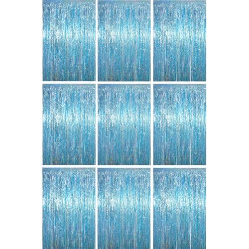 Voircoloria Light Blue Foil Fringe Backdrop Curtains, 3.3x6.6ft, 9pcs - Tinsel Streamers, Birthday Party Decorations, Baby Shower, Gender Reveal, Graduation